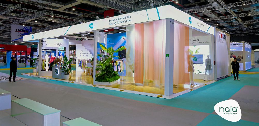 The Naia booth features Naia Lyte in a variety of booth displays to show its tenacity and ultra-light hand.